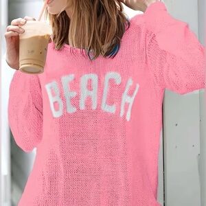 NEW WOMEN'S LIGHTWEIGHT CREW NECK PULLOVER WITH "BEACH" LETTERING- SMALL